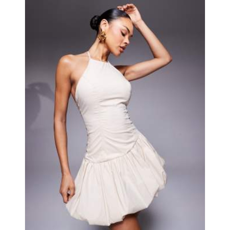 Wanderdoll Sunday poplin halterneck asymmetric bubble hem mini dress in beige