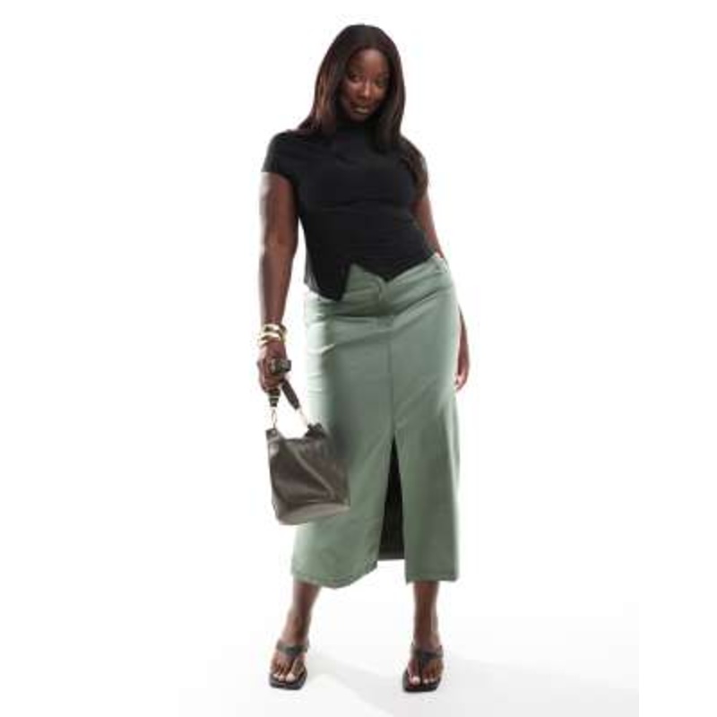 Yours PU midaxi skirt with front split in khaki