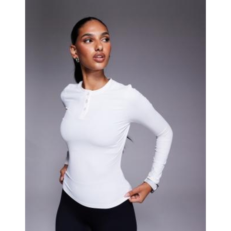 4505 active ribbed quick dry long sleeve henley layering top in white