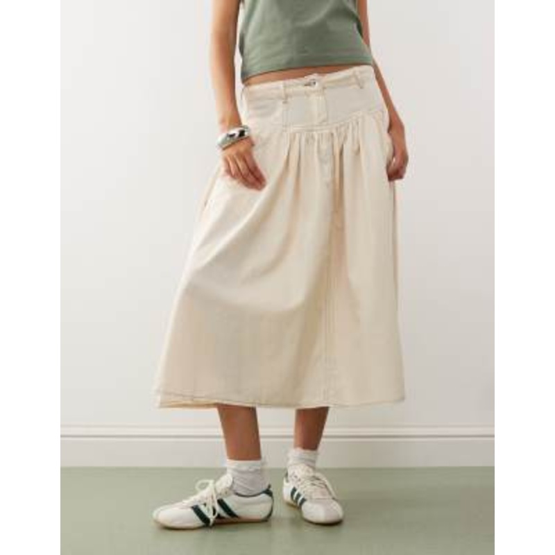 COLLUSION linen look skirt with contrast stitch in buttermilk yellow