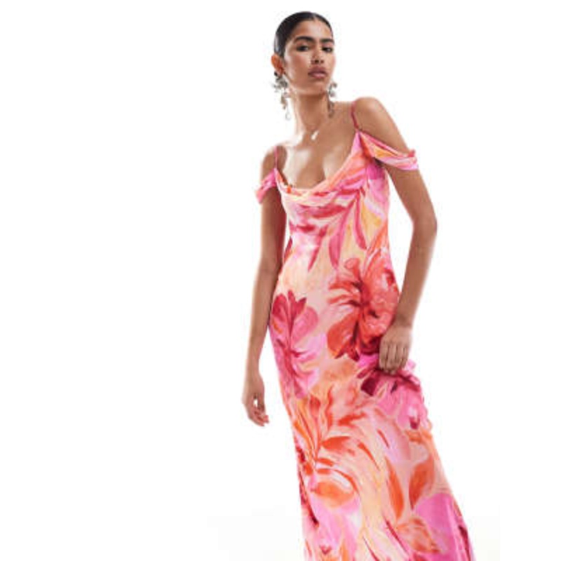 Ever New drape off shoulder satin maxi dress in pink floral
