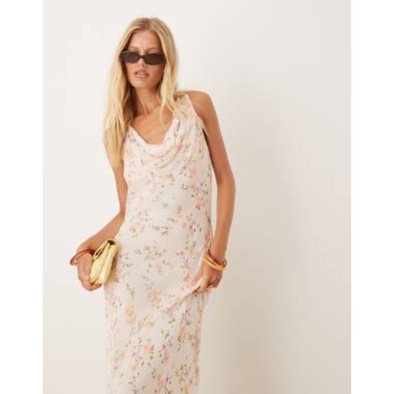 Mango cowl neck midi dress in pale pink floral print