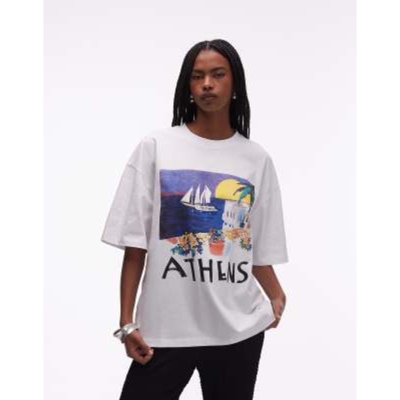 Topshop jersey oversized graphic Athens vacation T-shirt in white