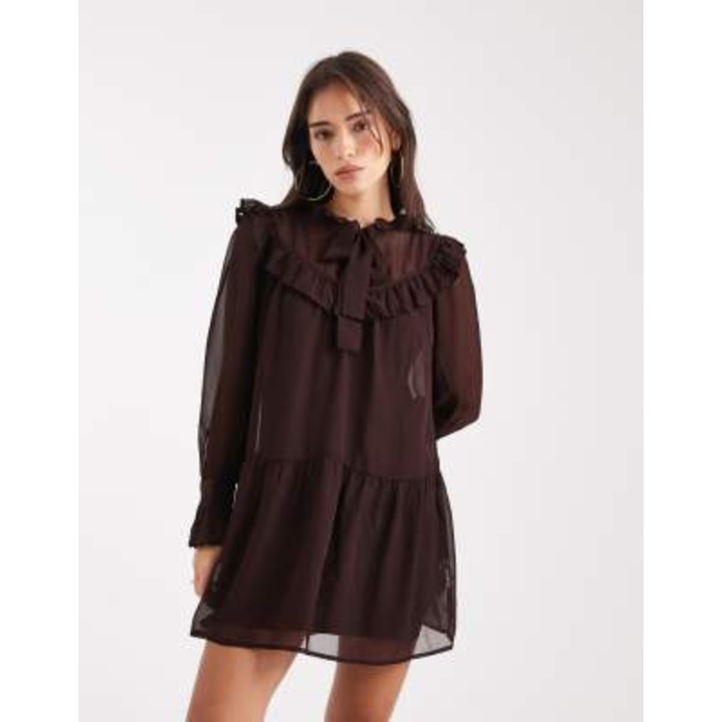 Wednesday’s Girl collared ruffle long sleeve mini dress in chocolate brown