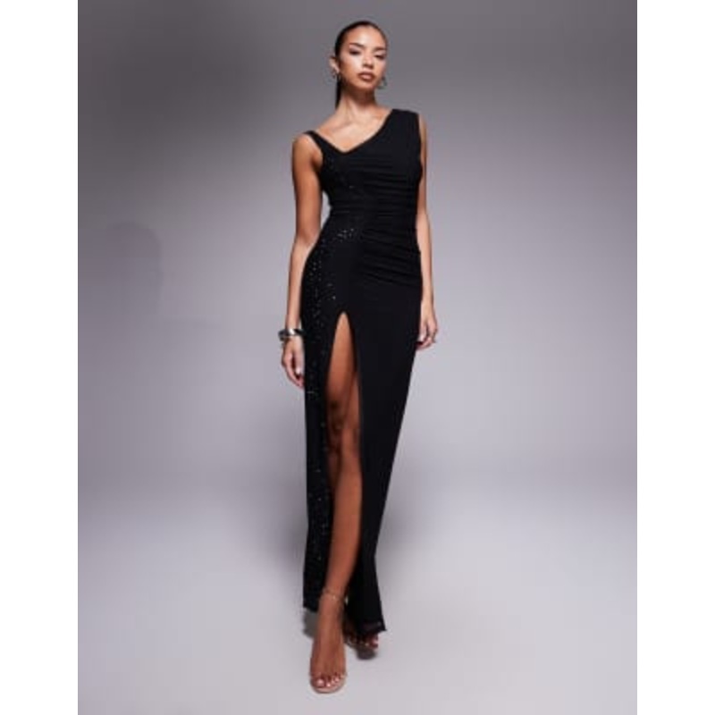 AFRM rhinestone mesh drape maxi dress with slit front in black