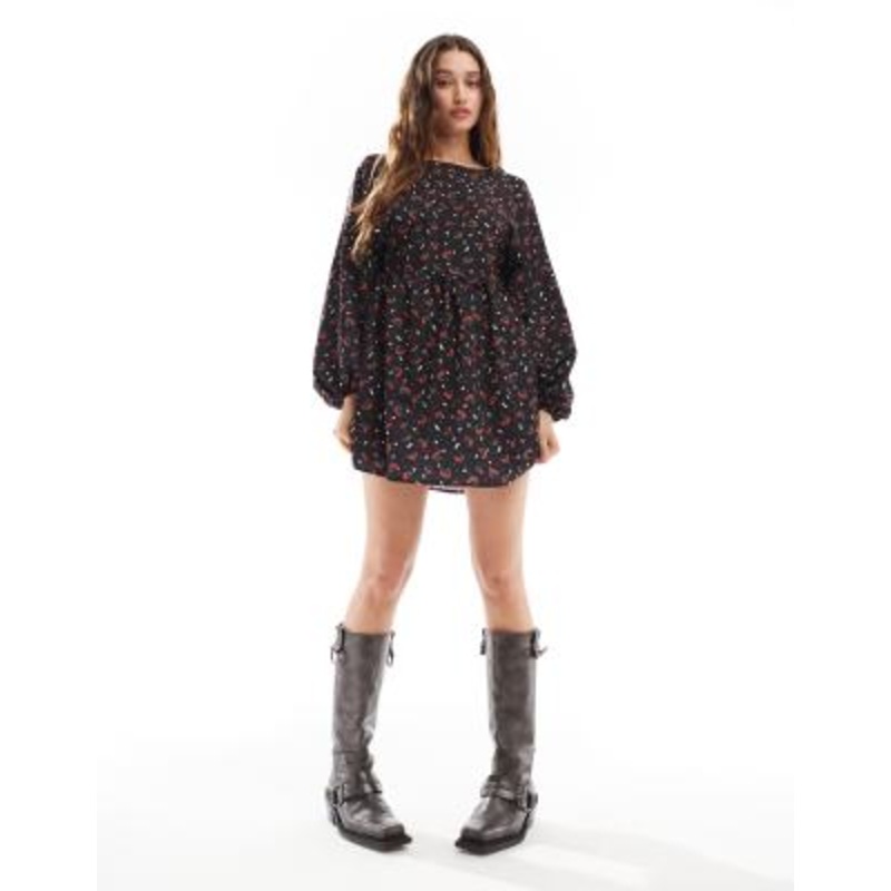 Daisy Street long sleeve smock mini dress in cherry print