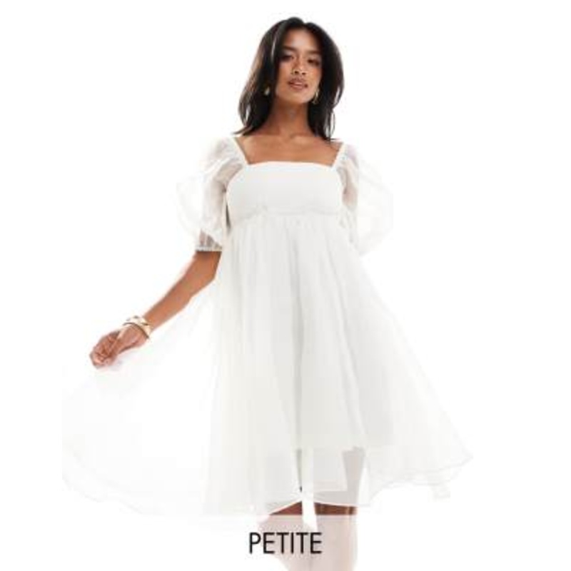 Lace & Beads Petite square neck babydoll organza mini dress in ivory