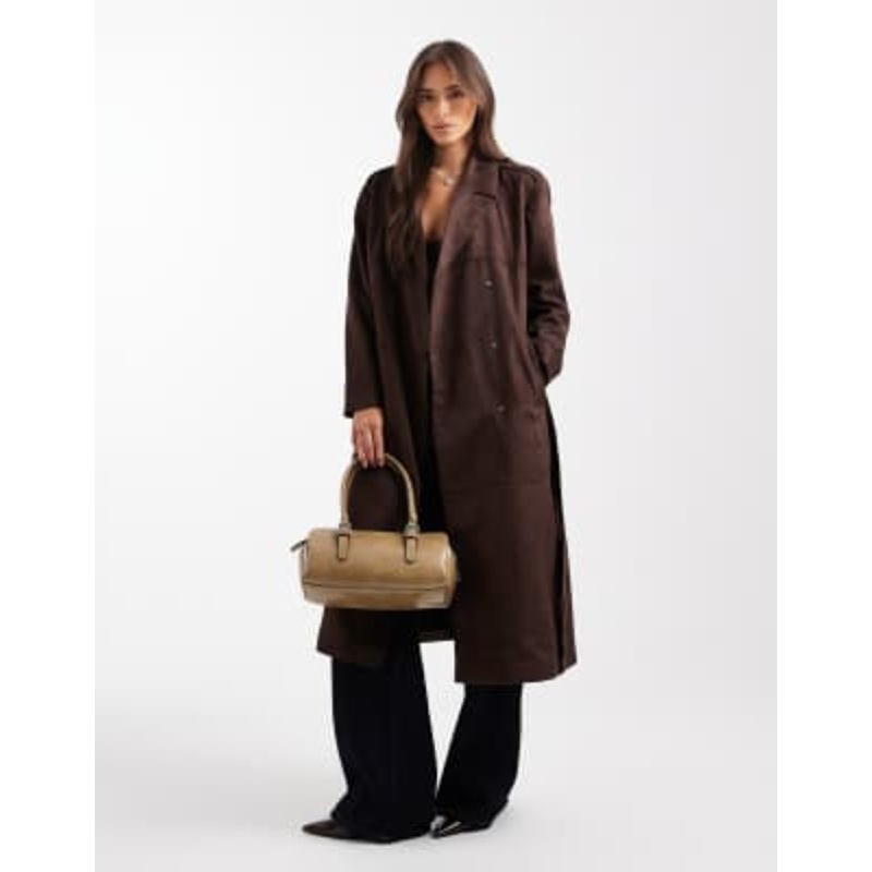 ONLY faux suede trench coat in chocolate brown