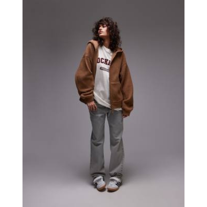 Topshop borg zip through fleece hoodie in toffee