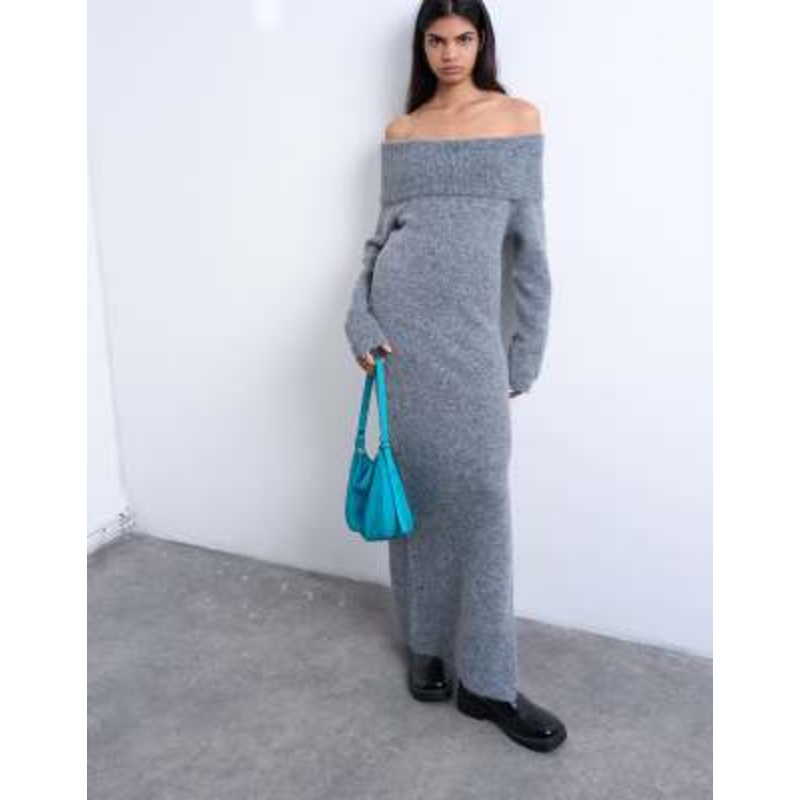 Topshop knit bardot maxi dress in gray