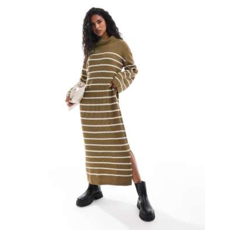 Vila high neck knitted maxi dress in olive green stripe