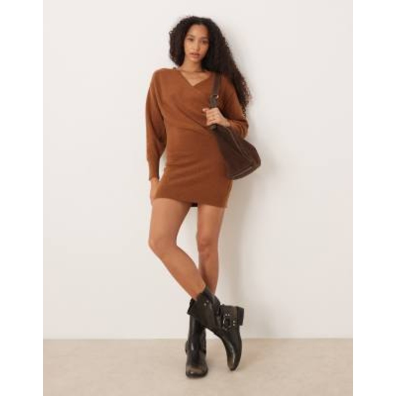 Vila knit wrap mini dress in camel