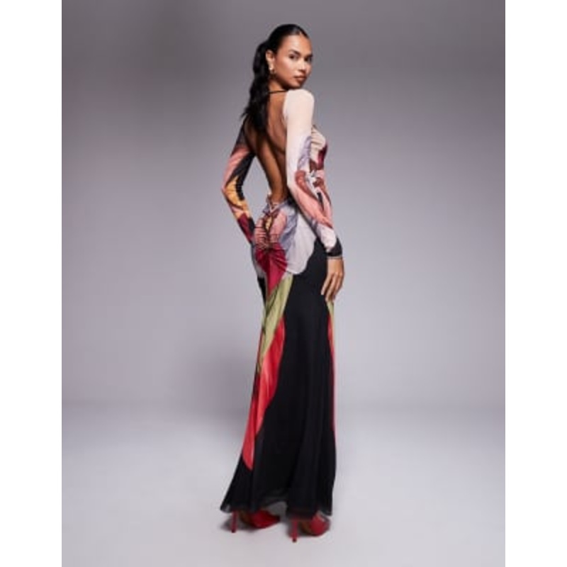 AFRM long sleeve open back maxi dress in feather print