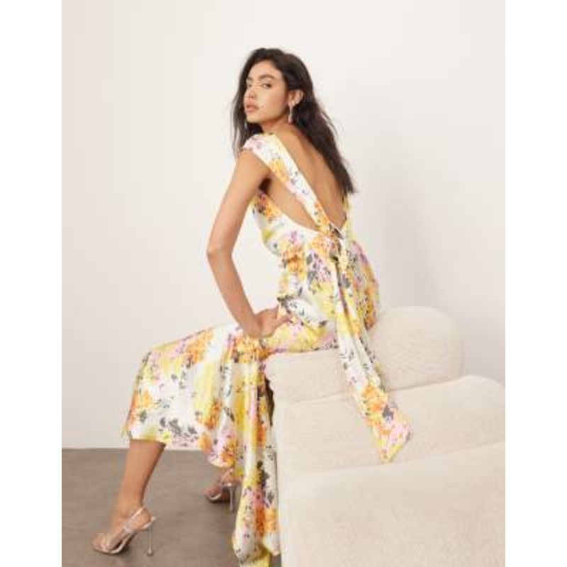 ARRANGE square cut slip midi dress with back trim detail in distorted floral print