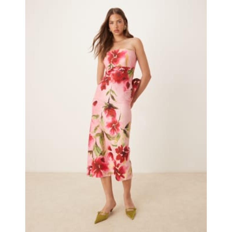 Hope & Ivy bandeau pencil midi dress with bow back in pink floral