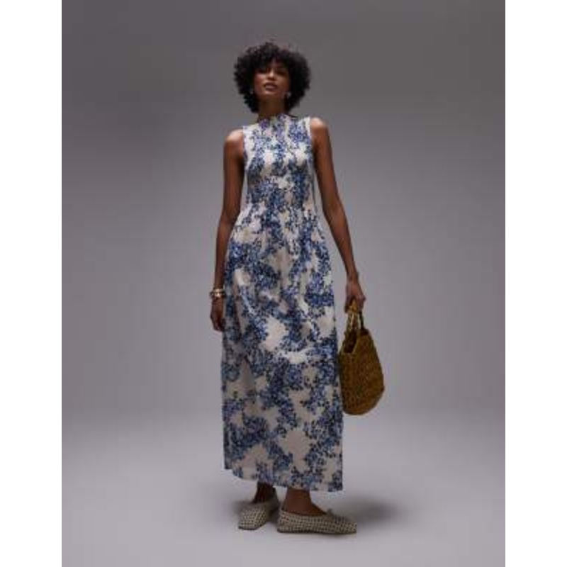 & Other Stories boat neck maxi dress with smocked bodice in blue floral print