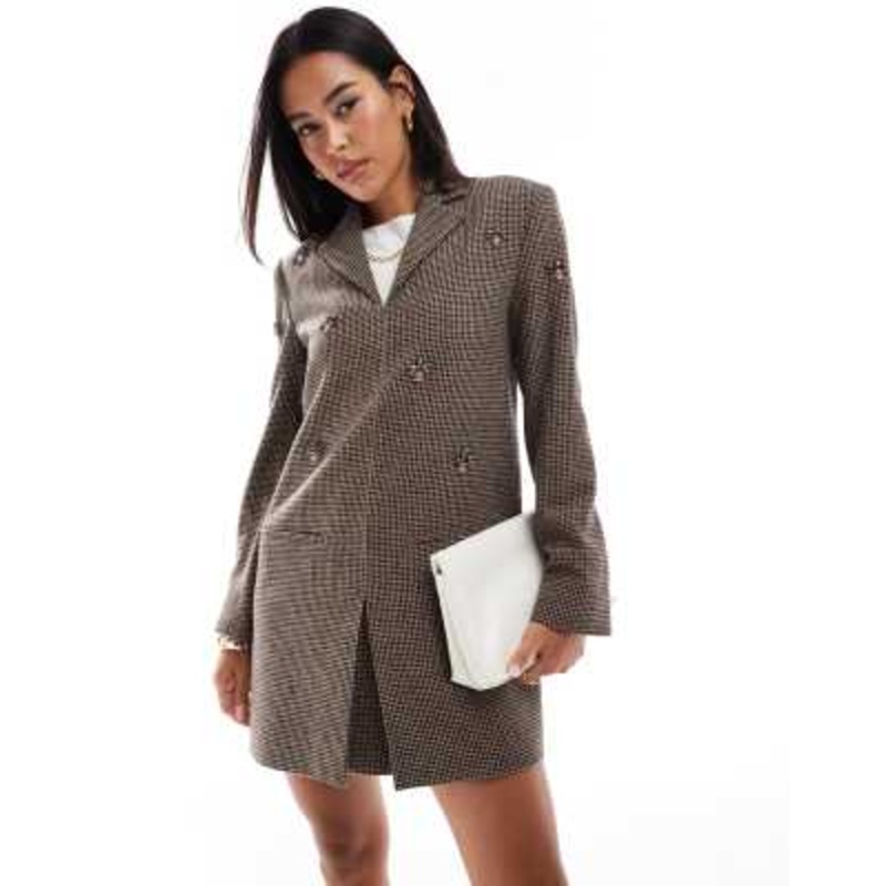 & Other Stories tailored tweed blazer mini dress in brown houndstooth check