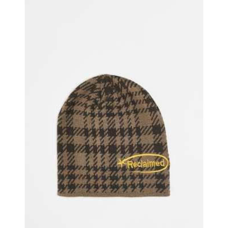 Reclaimed Vintage unisex skull cap beanie with star and branding in brown plaid