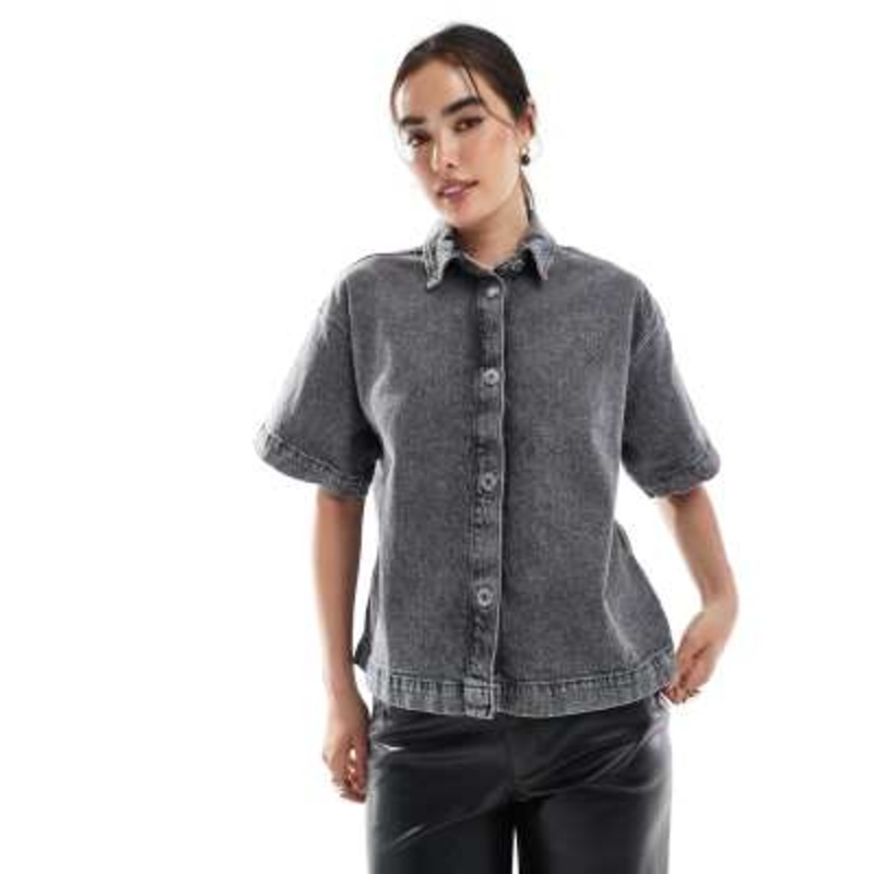 Vero Moda boxy short sleeve denim shirt in medium gray wash