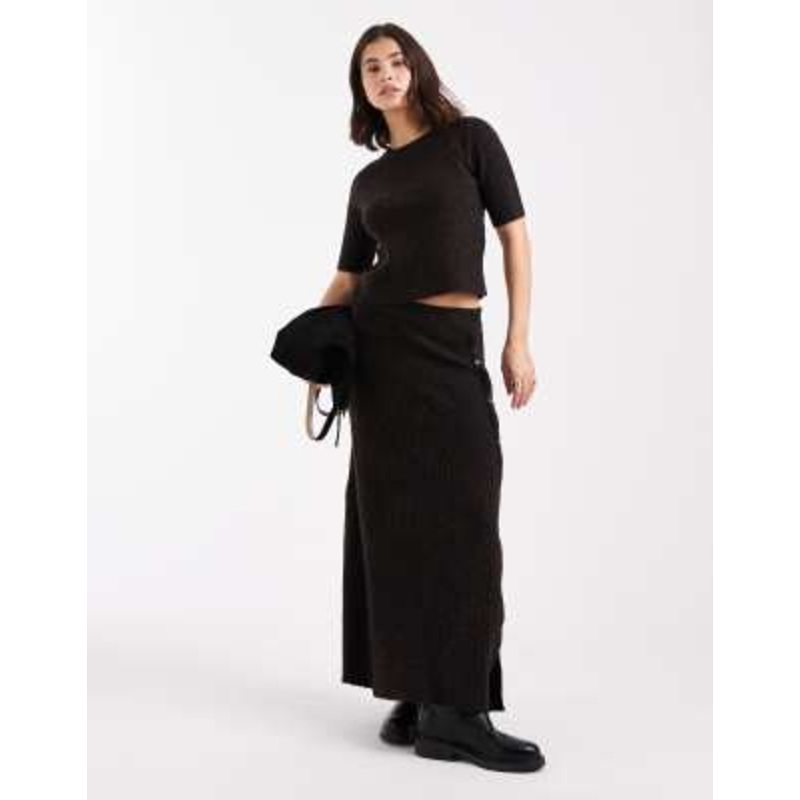 Vero Moda rib knit short sleeve top and maxi skirt set in heathered chocolate