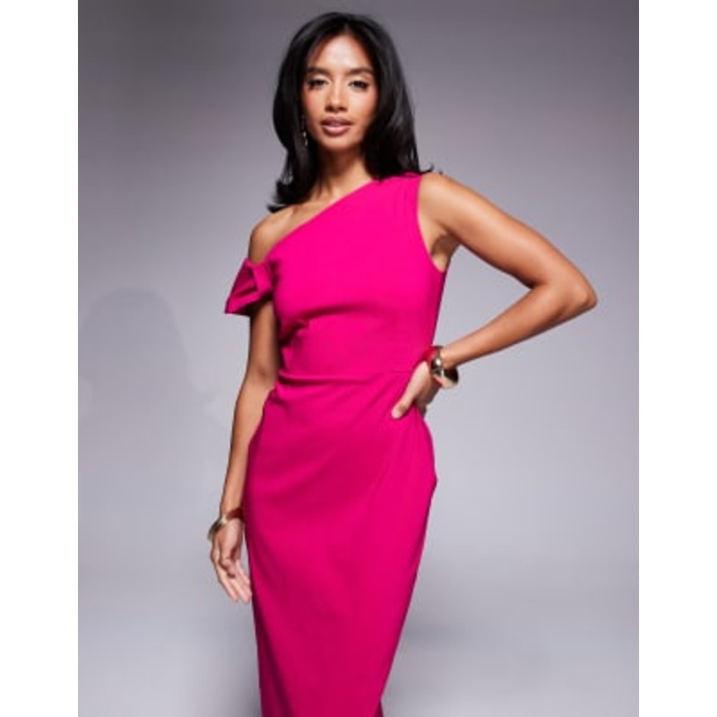 Vesper Petite bengaline one shoulder knot detail maxi bodycon dress in pink