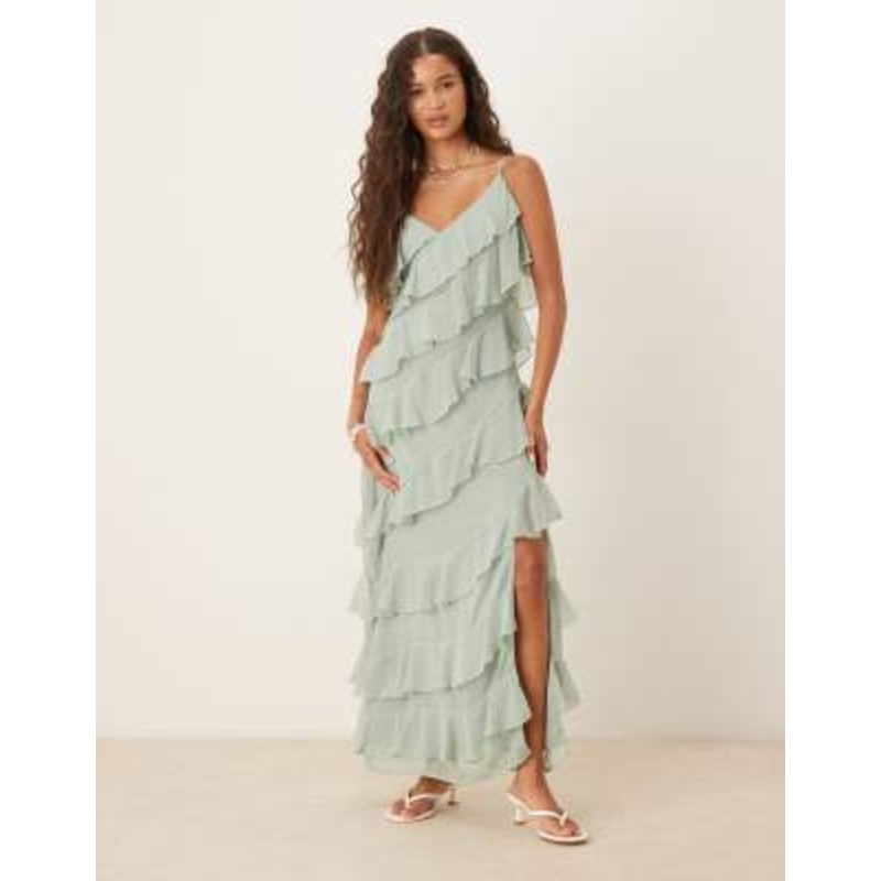 VILA asymmetric frill maxi dress with side split in sage green