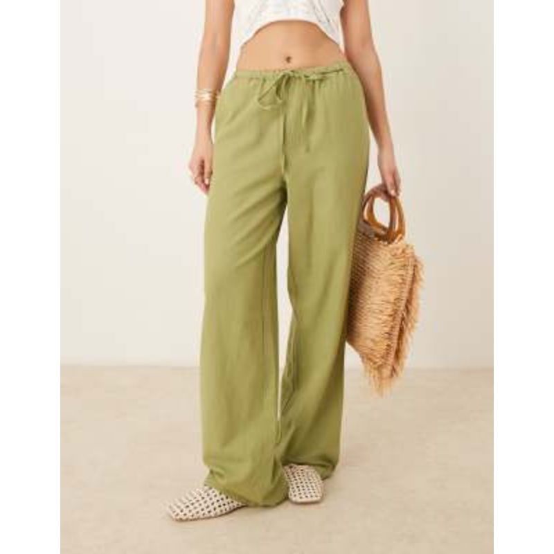 Vila linen touch tie waist wide leg pants in sage green