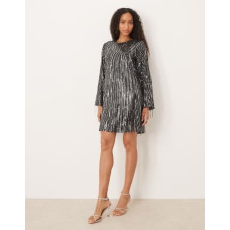 YAS fringed sequin mini dress in black