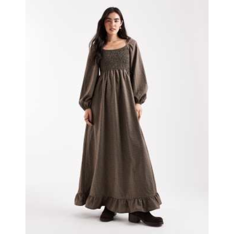 Daisy Street long sleeve shirred maxi dress in blue brown plaid