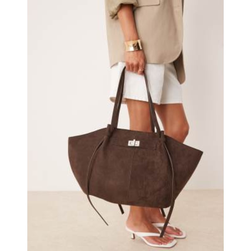 Gina Tricot faux suede medium tote bag with strap and clutch detail in dark brown