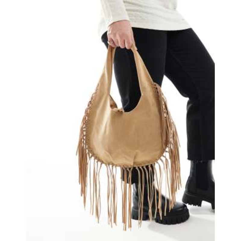 Glamorous boho fringed shoulder bag in beige faux suede