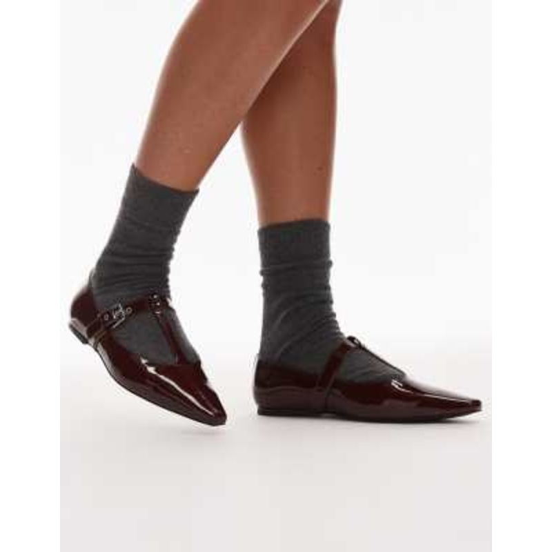 & Other Stories premium leather patent t-bar ballet flats in dark red