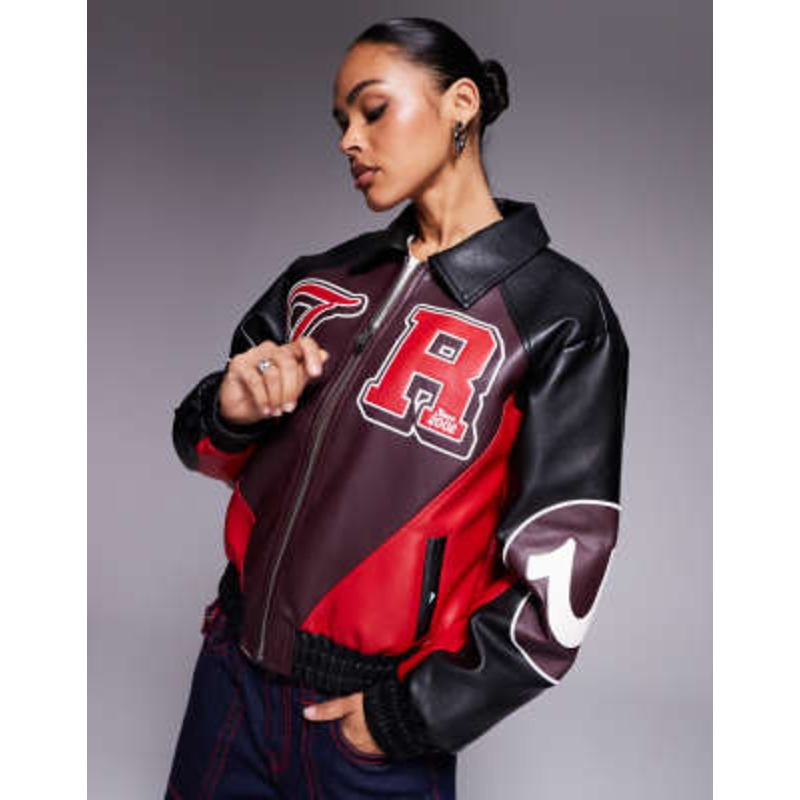 True Religion leather look color block logo varsity jacket in multi
