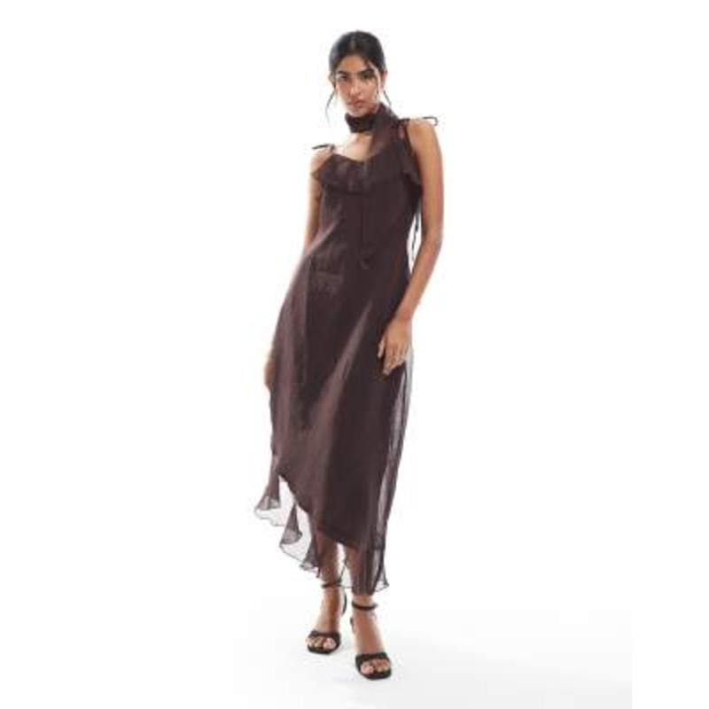 Vero Moda chiffon asymmetric hem ruffle dress with scarf detail in chocolate