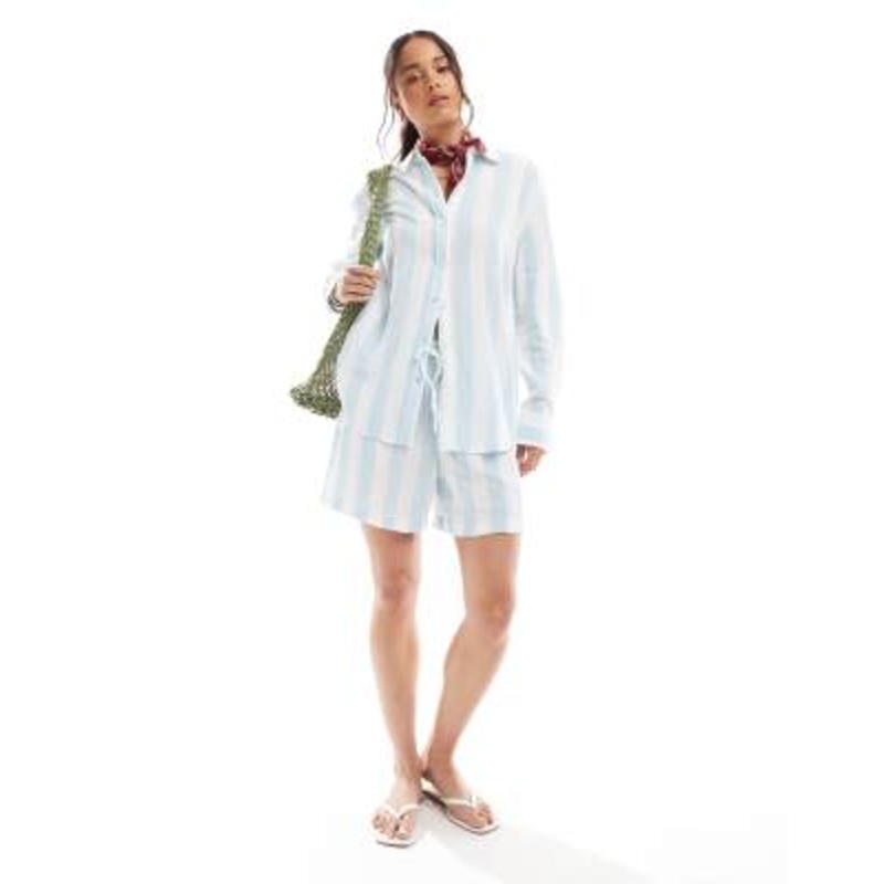 Vero Moda linen blend oversized shirt and shorts set in pale blue stripes