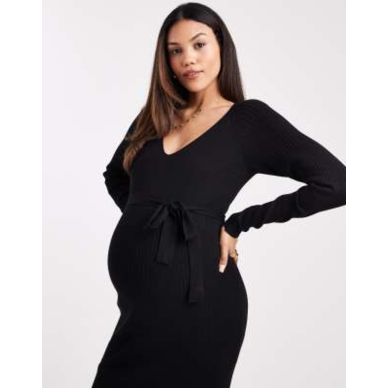 Vero Moda Maternity rib knit long sleeve midi dress with belt detail in black