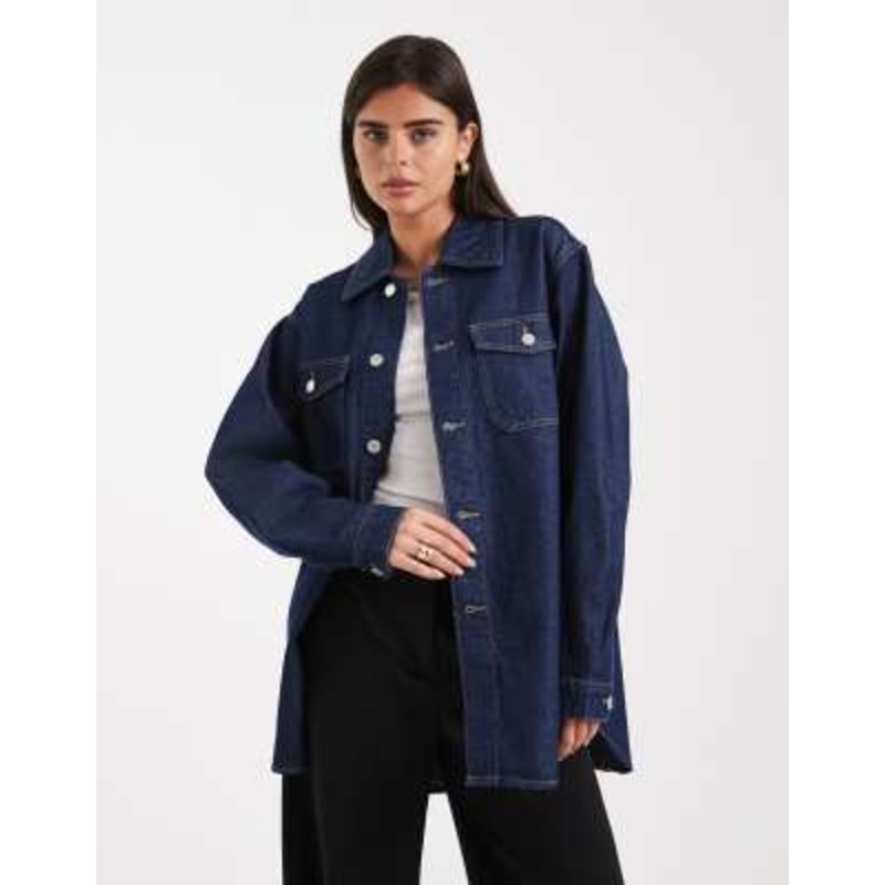 Vero Moda oversized pocket detail denim shirt in dark rinse wash