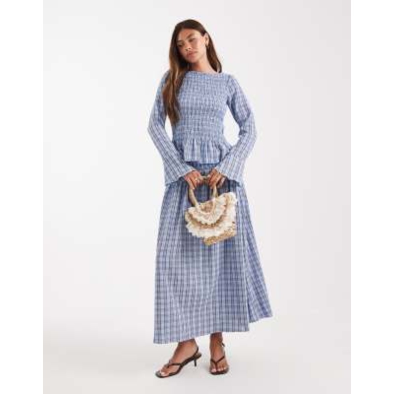 Vero Moda shirred top and maxi skirt set in blue and brown plaid print