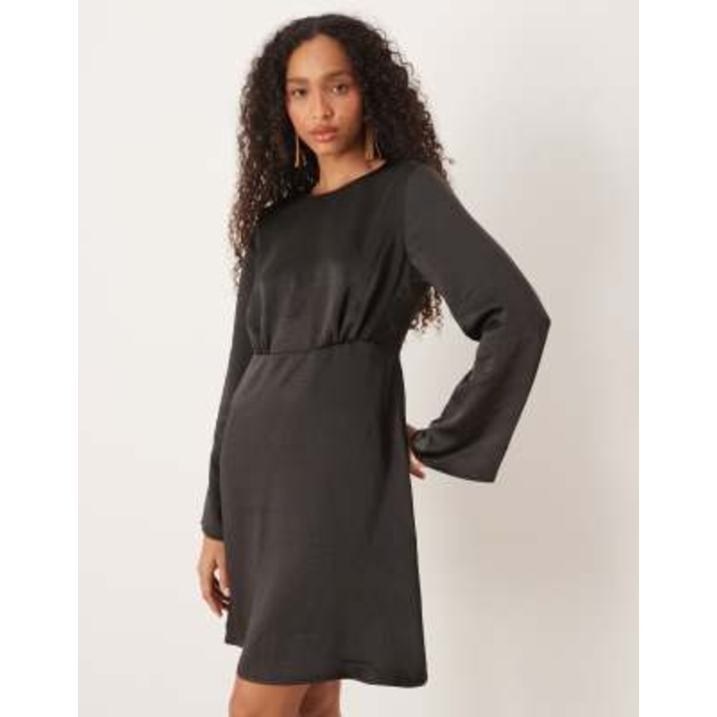 YAS open back satin mini dress in black