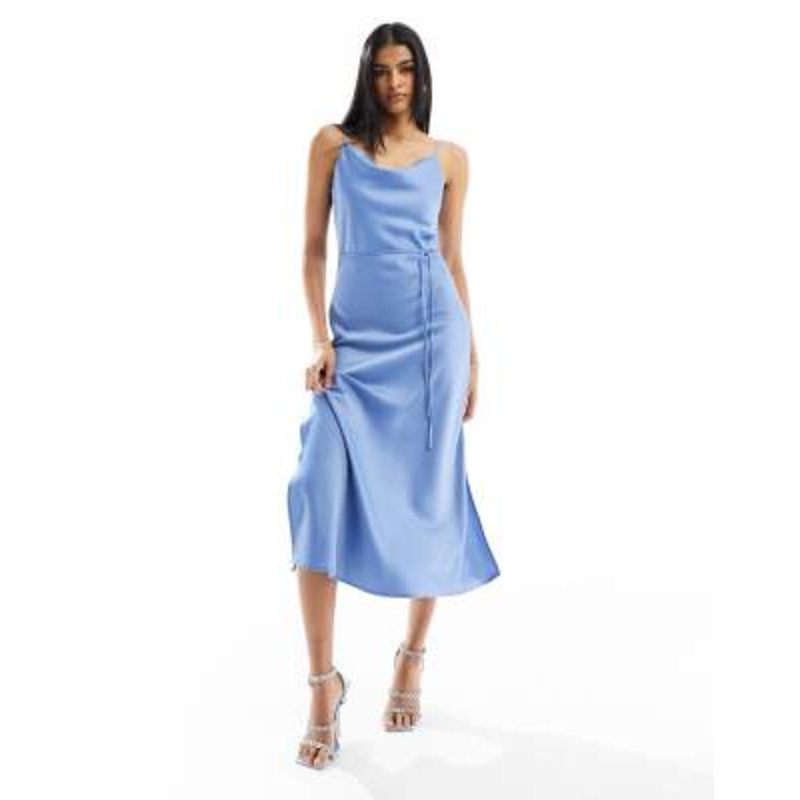 YAS satin maxi dress with tie waist detail in blue