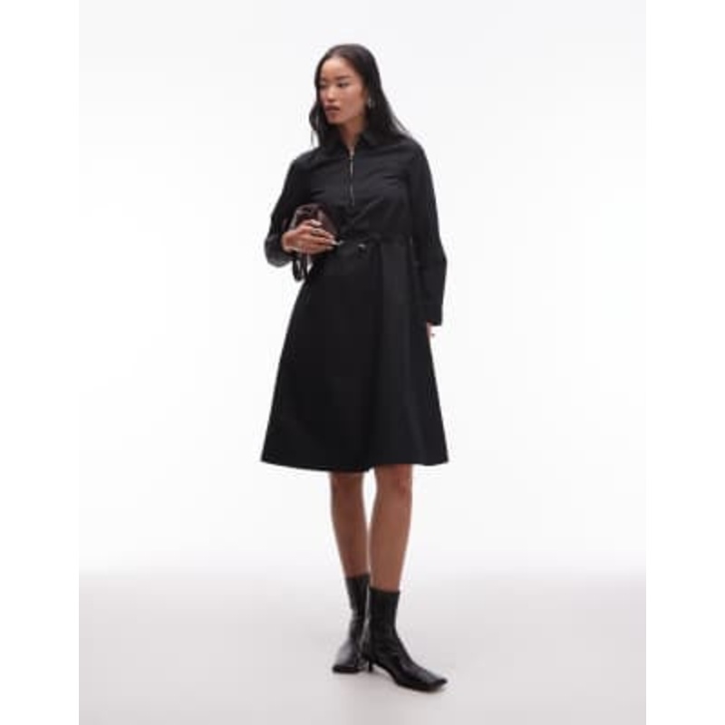 ARKET cotton rich long sleeve mini shirt dress with cinch waist detail in black