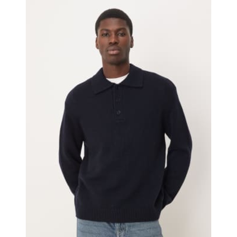 ARKET textured pure wool sweater with polo collar in navy