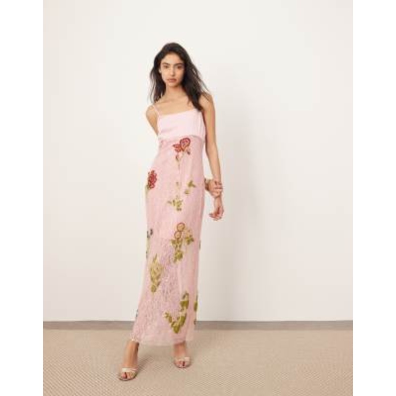 ARRANGE botanical embellished contrast bodice column maxi dress in pink