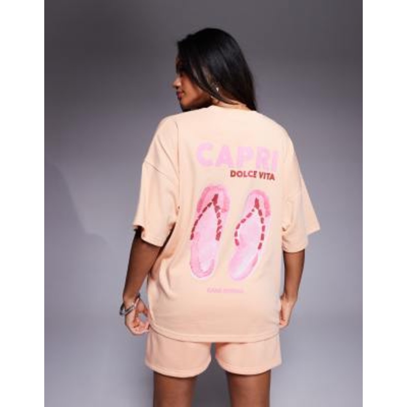Kaiia cotton rich Capri flip flop back print oversized t-shirt in peach
