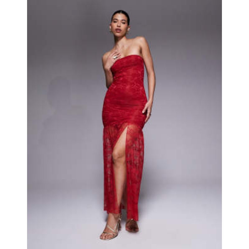 Kaiia exclusive double layered slinky lace bandeau sheer hem maxi dress in red