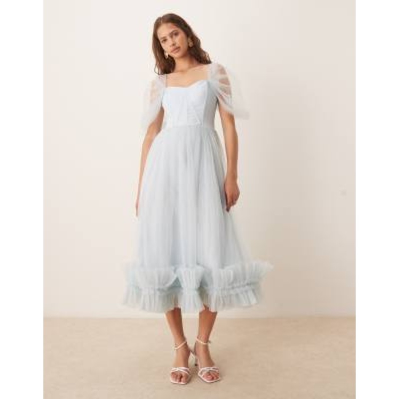 Lace & Beads tiered ruffle midaxi dress in sky blue