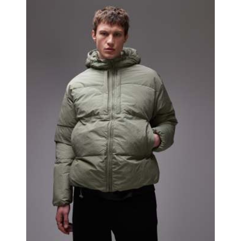 Topman textured hooded puffer jacket in sage