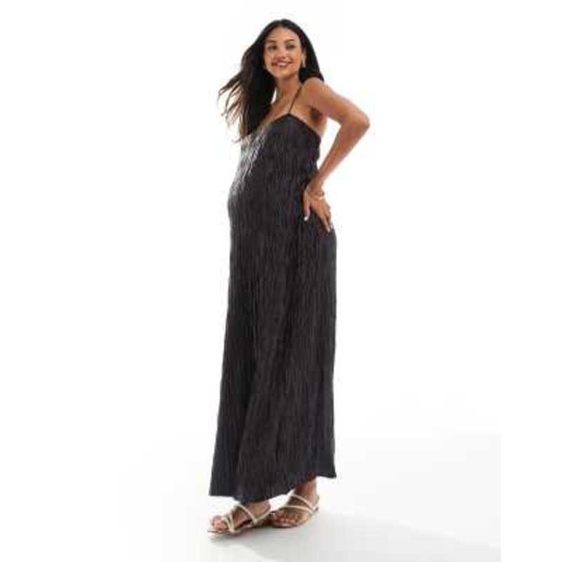Vero Moda Maternity textured plisse cami maxi dress in chocolate