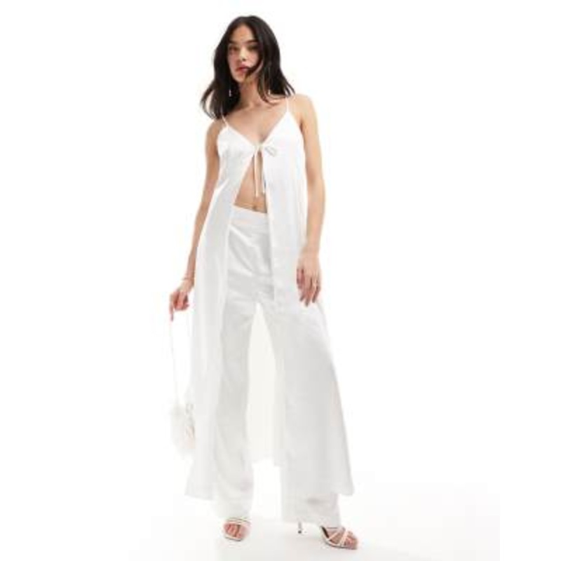 Y.A.S Bridal satin tie front maxi cami top with train in white – part of a set