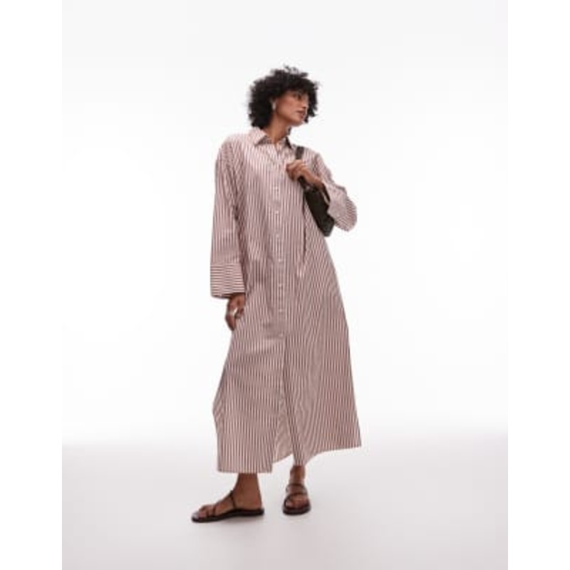 ARKET pure cotton maxi shirt dress with paneled sleeves and side slits in brown stripes